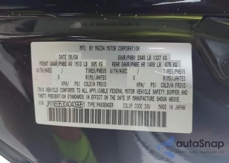 2004 Mazda Mx-5 Miata Cloth from USA, damaged, VIN JM1NB353040409951